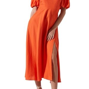 Astr Vibrant Orange Midi Dress with Puff Sleeves